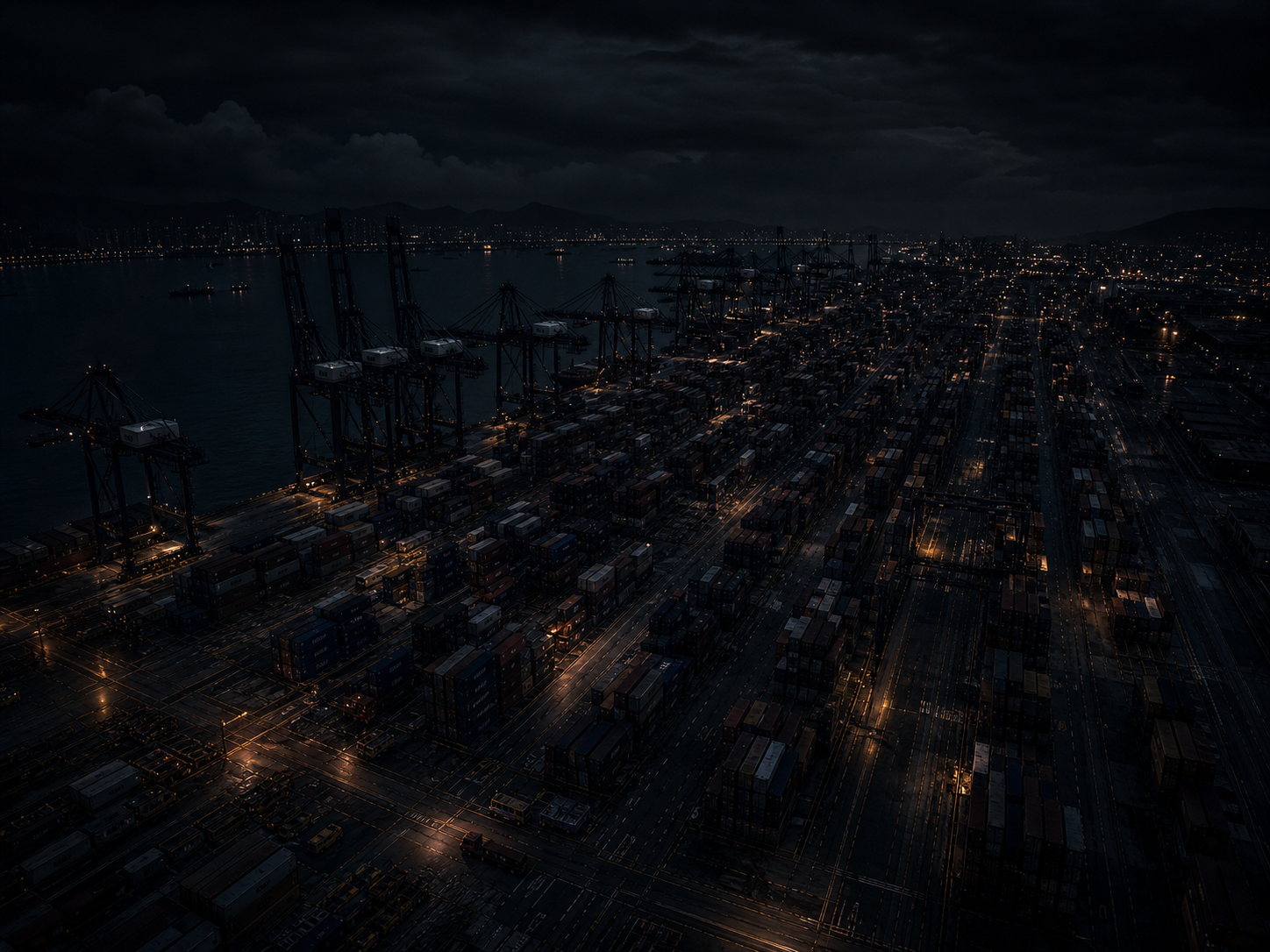 Dark night container port with subdued lighting — Ymarium Flow